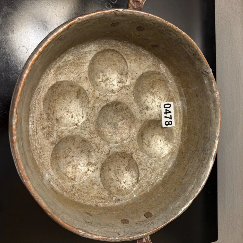 Antique Hammered Copper Egg Poacher Pan Brass Handles 7 Cup Rustic 10 Inch